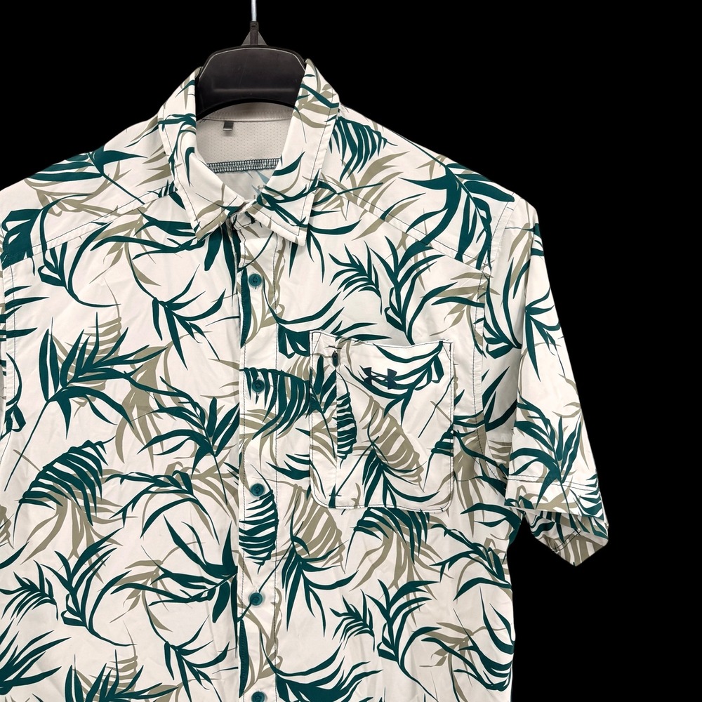Under Armour Button Up Mens Large Pre-Owned Shirt White Green Tropical Palm Leaf
